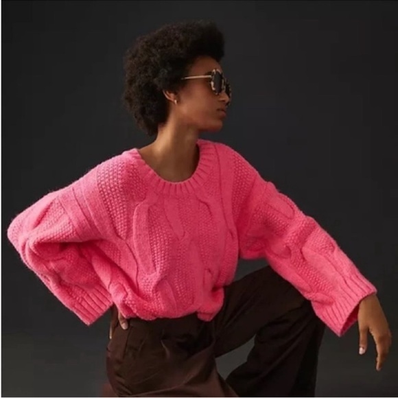 Maeve Anthropologie Neon Pink Cable Knit oversized Crew Neck Sweater - Picture 2 of 8